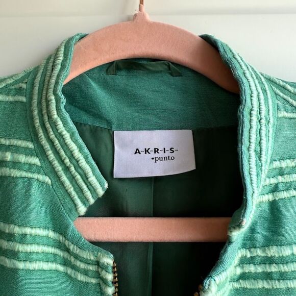 Akris Punto 100% Silk Tailored Cropped Jacket in Striped Green size 10 M - Picture 4 of 16